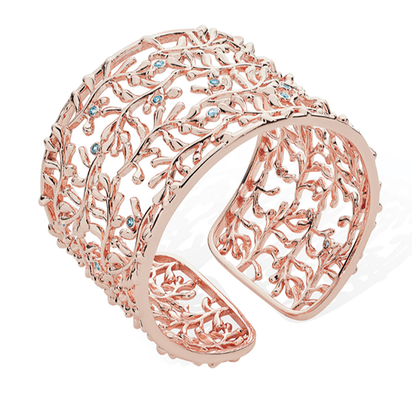 Tipperary Crystal Rose Gold Vine Cuff Bracelet With Light Blue Drops